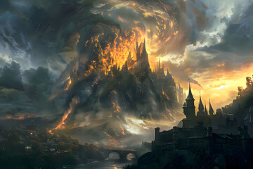  A fantasy city being destroyed by an erupting volcano, with the sky full of dark clouds and yellow...