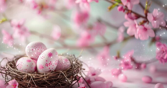 Easter composition in pink tones. Easter eggs in a bird's nest under cherry tree branches. A trail of sparkling sparks from a flying star. AI generated.