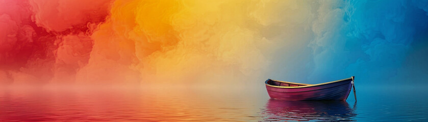 A boat floating peacefully amidst a rainbow of colors