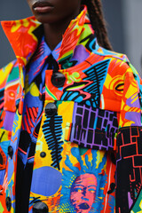 Vibrant Pop Art Fashion Close-Up: Colorful Jacket with Abstract Design