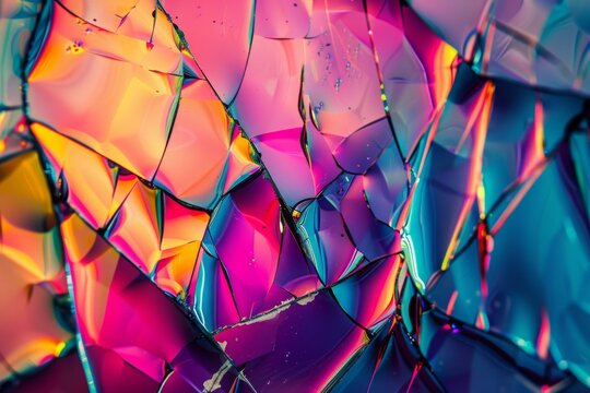 Holographic background with glass shards. Rainbow reflexes in pink and purple color. Abstract trendy pattern. Texture with magical effect.