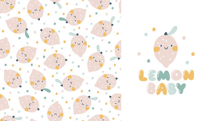 Lemons faces seamless pattern set with print in pastel palette. Vector naive hand drawn illustration of cute characters on polka dot background. for baby textiles, wallpaper, fabric, scrapbooking.