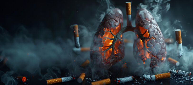 human lungs with cigarettes placed inside, depicting the impact on health from smoking, with smoke rising and cigarette burnt ends scattered around