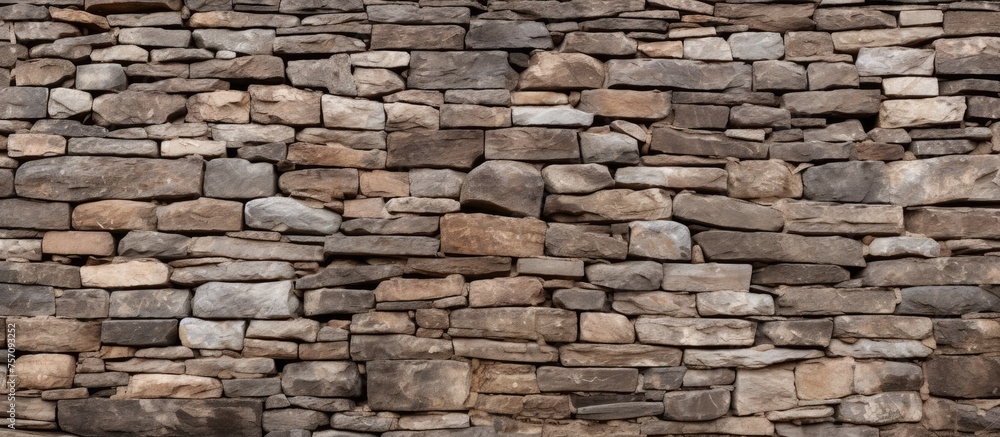 Poster a closeup of a brown stone wall with a lot of beige bricks, showcasing the beautiful brickwork and c