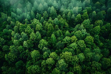 Green trees in a woodland, seen from above. CO2 is captured by a drone shot of a densely green tree. Carbon neutrality and the idea of net zero emissions are backed by a green tree environment. a gree