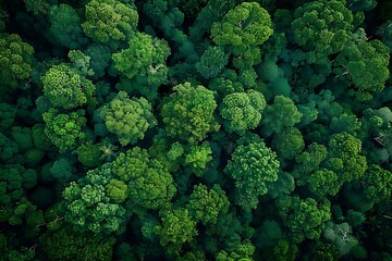 Green trees in a woodland, seen from above. CO2 is captured by a drone shot of a densely green tree. Carbon neutrality and the idea of net zero emissions are backed by a green tree environment. a gree