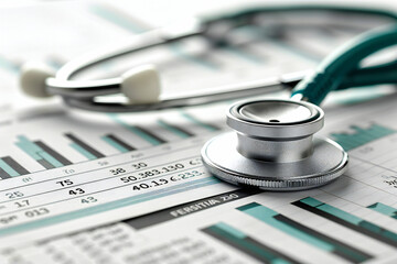 Financial health and business analysis concept with stethoscope, finance charts, and medical equipment on a desk