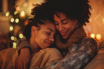 Warm Embrace Between Friends in Cozy Indoor Setting