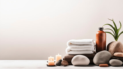 Fototapeta na wymiar Spa composition with spa stones, towels, candles and bottles of oils. Spa items on a light gray background. Relaxation and health concept. Place for text