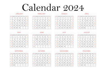2024 calendar planner. Corporate week. Template layout, 12 months yearly, white background. Simple design for business brochure, flyer, print media, advertisement. Week starts from Monday