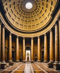 a large room with columns and a dome ceiling with a light shining in it's center area and a statue in the center