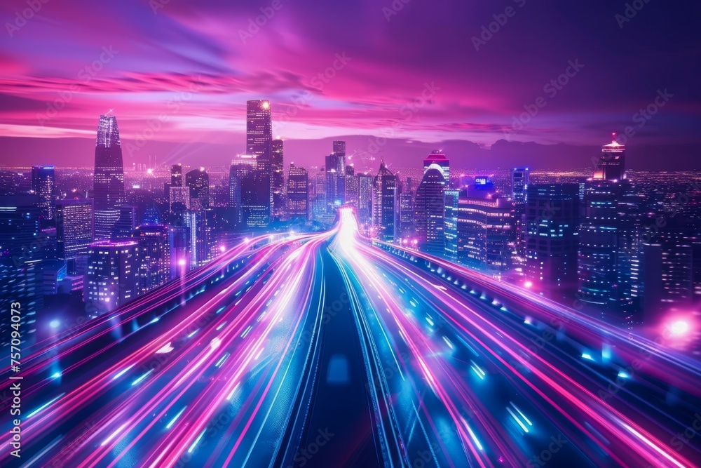 Poster the flow of digital information is in the form of a highway. to future abstract technology concept