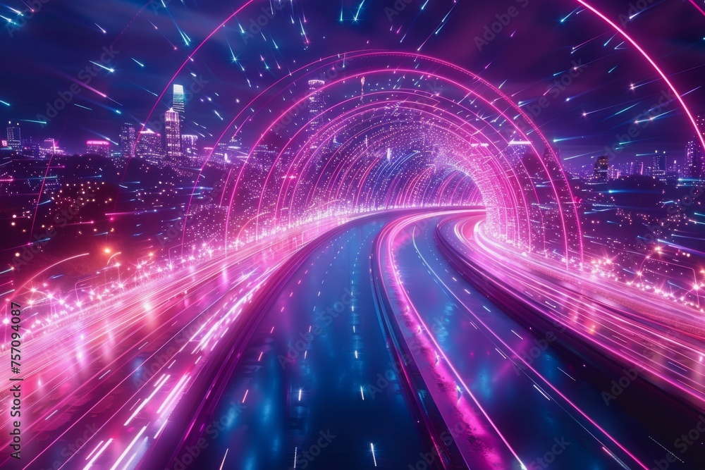 Poster the flow of digital information is in the form of a highway. to future abstract technology concept