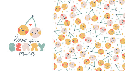 Berries cherries couple faces seamless pattern set with print in pastel palette. Vector naive hand drawn illustration of cute characters on polka dot background. Ideal baby textiles, wallpaper, fabric