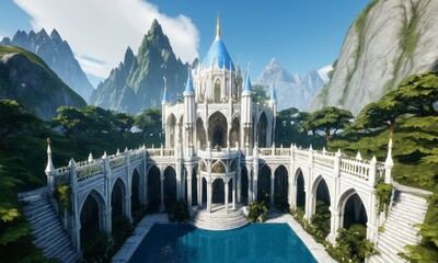 a large white castle with a massive staircase leading to it's entrance and a mountain in the background fantasy - obrazy, fototapety, plakaty