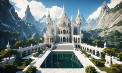 a large white castle with a massive staircase leading to it's entrance and a mountain in the background fantasy - obrazy, fototapety, plakaty