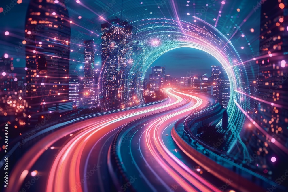 Poster the flow of digital information is in the form of a highway. to future abstract technology concept