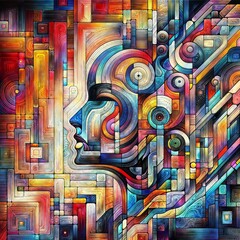 Abstract portrait with geometry: Explore the human form in an abstract way with this profile portrait surrounded by colorful geometric shapes and lines.