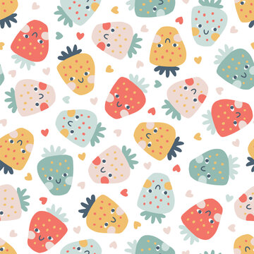 Strawberry faces seamless pattern in pastel palette. Vector naive hand drawn illustration of cute characters with hearts. Ideal for baby textiles, wallpaper, fabric, scrapbooking.
