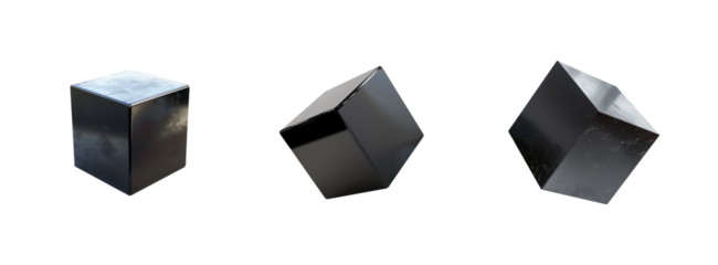 Black cube set isolated transparent PNG. 3D box square cubic shaped elements. Metallic material surface. Shiny and reflective. various angles and surface textures. Gift box.