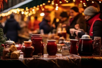 red christmas drink mulled or hot wine at xmas market in the evening with cozy yellow  lights