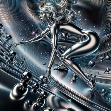 Surreal surfer abstract: Explore the world of dreams with this image of a silver woman surfing on a board, surrounded by silver bubbles, against a swirling silver and black background.