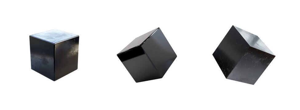 Black cube set isolated transparent PNG. 3D box square cubic shaped elements. Metallic material surface. Shiny and reflective. various angles and surface textures. Gift box.