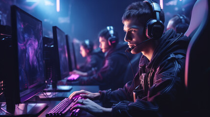 A handsome man, a Gamer Streamer with headphones playing online battles with a team of esports players with headphones in a room with neon lighting. Esports, technology, Hobby concepts.
