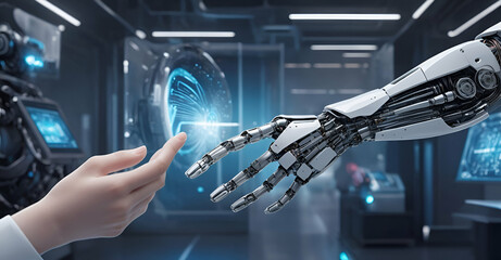 handshake human and robot working together.