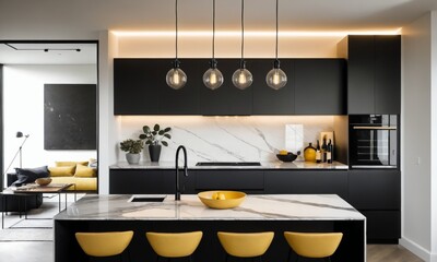 kitchen, sleek matte black finishes, with a black steel and warm grey marble