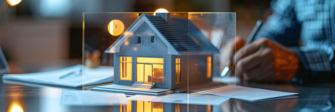 a concept holo 3d render model of a small living house on a table in a real estate agency. signing mortgage contract document and demonstrating. futuristic business. blurry background.