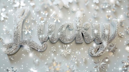 the handwritten text Lucky, shimmering with glitter in a mesmerizing 3D effect against a glossy white background, offering abundant space for accompanying text.