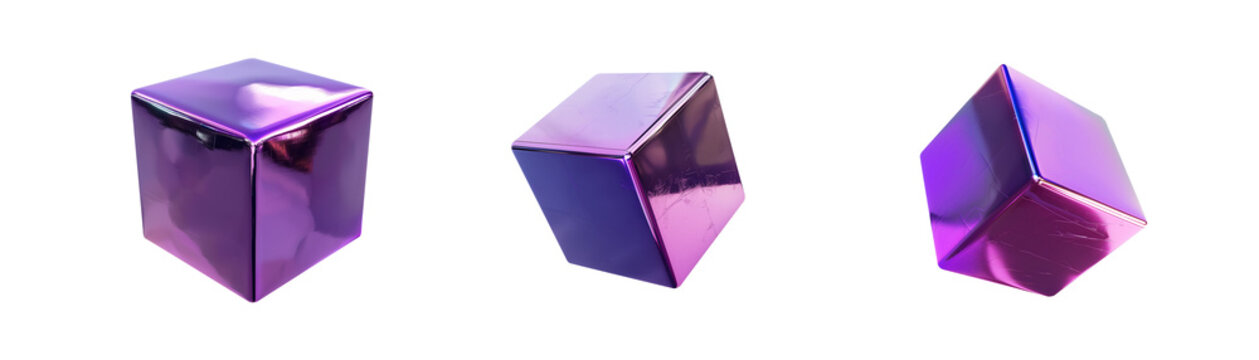 Purple cube set isolated transparent PNG. 3D box square cubic shaped elements. Metallic material surface. Shiny and reflective. various angles and surface textures. Gift box.