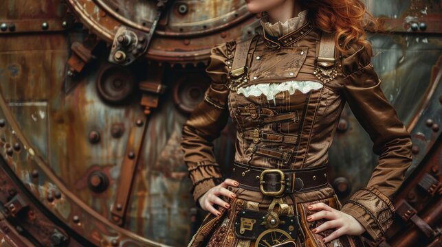 A woman in a steampunk outfit stands confidently in front of a large clock