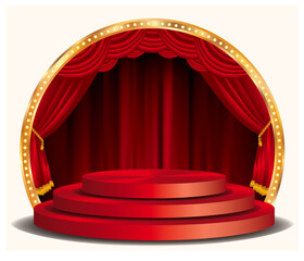 vector red podium on circle stage with red curtain - 757095675