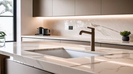kitchen  sleek eggshell light beige finishes, with a beige and wood, white marble