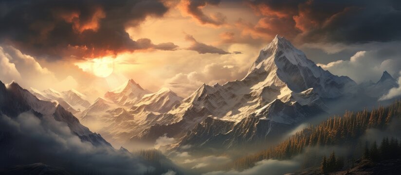 An art piece depicting a natural landscape of a mountain range enveloped by clouds during sunset, creating a serene atmosphere with cumulus clouds and a darkening horizon