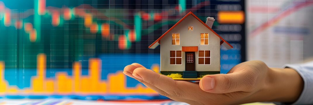 A hand holding a model house with a background of rising and falling interest rate charts, indicating market changes. Colors: natural skin tones, multicolored chart lines. Created Using: Close-up phot
