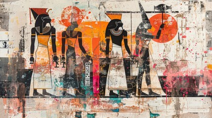 Ink Wash and Collage Fusion. Delicate Ink Washes Merge with Textured Collage Elements, Visually Dynamic Composition Evoking the Mysteries of Ancient Egypt