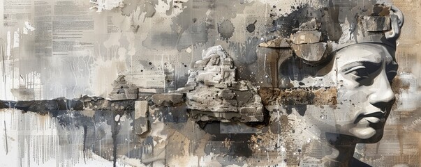 Ink Wash and Collage Fusion. Delicate Ink Washes Merge with Textured Collage Elements, Visually Dynamic Composition Evoking the Mysteries of Ancient Egypt