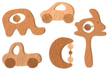 Wooden toys set. Baby wooden rattles. Baby rattles in scandinavian style concept.