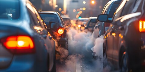 Vehicle releases dark exhaust fumes in congested traffic impacting environment negatively. Concept Air Pollution, Traffic Congestion, Vehicle Emissions, Environmental Impact, Sustainable Transport - obrazy, fototapety, plakaty