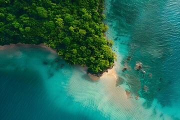 Aerial Shot: Tropical Beach Meets Lush Forest in a High-Resolution National Geographic-Style Photograph