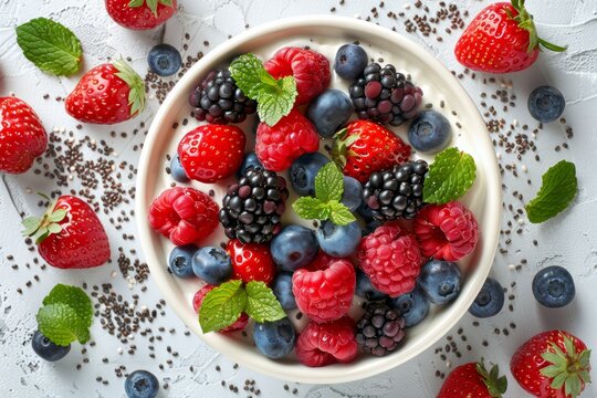 Fresh berry mix in a bowl with chia seeds