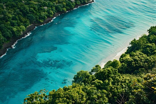 Aerial Shot: Turquoise Ocean Meets Lush Jungle - Ideal for Travel Ads and Nature Photography