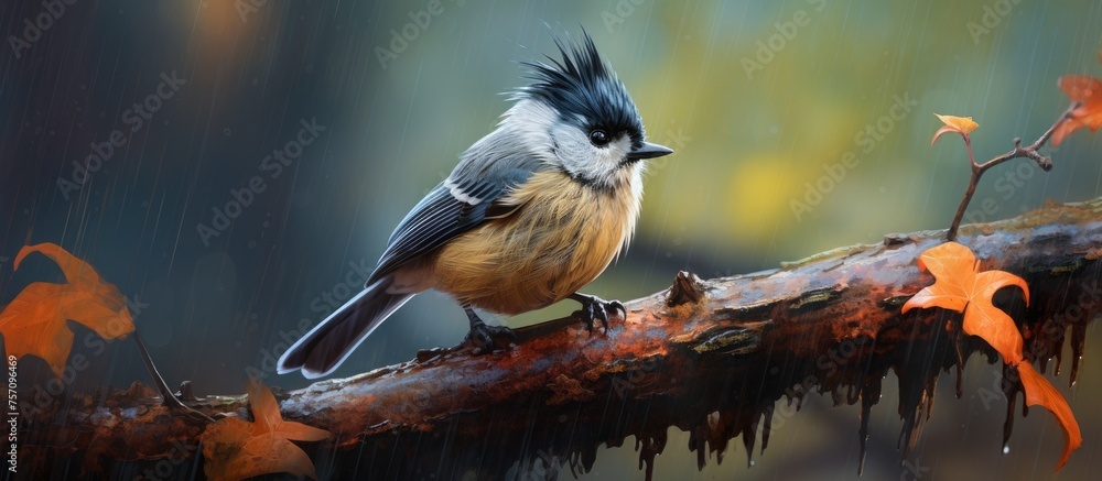 Poster a small songbird with a mohawk perches on a tree branch, its colorful feathers and distinctive beak 