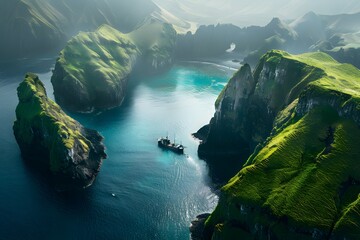 Stunning aerial shot of a remote island with verdant cliffs and azure waters, featuring an...
