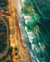 Aerial shot captures Australia's stunning beach, showcasing sea waves, green waters, and a scenic road along a sandy shore.