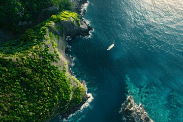 Aerial shot captures an abandoned boat adrift near a remote island, surrounded by green cliffs and the vast blue ocean.