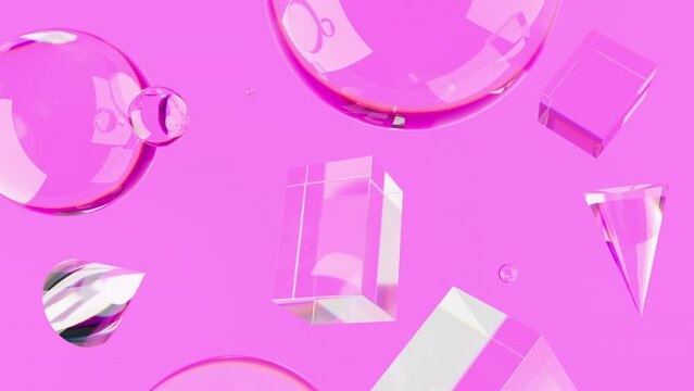 3D render of primitives objects with violet crystal glass materials, 4K abstract seamless loop animated template, live wallpaper